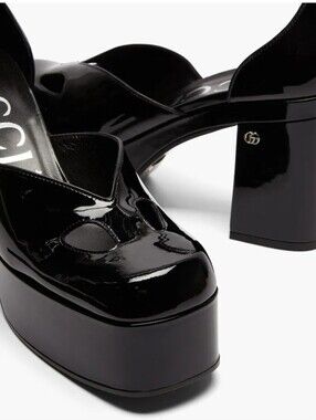 Gucci EUC Black Patent Marvin Platform Mary Jane Cutout Heels